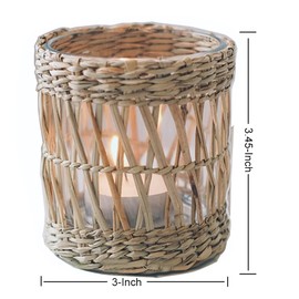 Wicker Woven Tea Light Candle Holder, Decorative Handcraft Rattan Woven Votive Candle Holder, Rustic Vintage Seagrass Glass Votive Candle Holders Hurricane for Dining Table Kitchen Decor