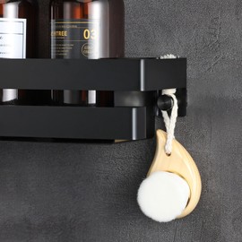 Womamny No Drilling Stainless Steel Bathroom Shelf with Hooks - Waterproof Wall Shelf for Shower Gel, Shampoo & Towel - Rustproof Shower Organiser with 5 kg Load Capacity - Black