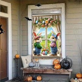 Blissyard Easter Happy Outdoor Decorations Easter Window Banner Egg Bunny 31x47 Inches Two Little Bunnies And Colorful Hats Indoor And Outdoor Holiday Decoration Products