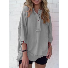 SHEWIN Oversized TShirts for Women Loose Casual Henley V Neck Short Sleeve Oversized Sweatshirt for Women A Gray Medium