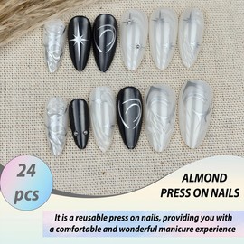Almond Press on Nails Medium False Nails with Heart Star Pattern Irregular Line Rhinestone Shiny Glossy Design Full Cover Acrylic Fake Nails Stick on Nail Suitable for Women Nail Decoration 24Pcs