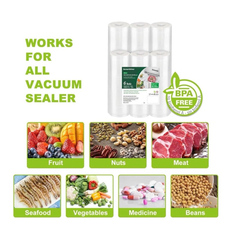 Bonsenkitchen 6 Rolls Bonsenkitchen Vacuum Sealer Bags – 8” &