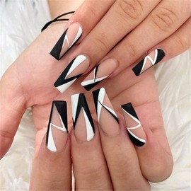 24 Pcs Nail Tips Coming of Age Flesh Nail Black and White Line Geometry Decoration Long Nail Cute Nail Tips French Nail Tips Solid Color Ballet Shoe Shape Pink