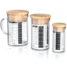 Arendo - Glasbehälter Set aus Borosilikatglas - Größen 250ml, 125ml, 50ml (0,25l 0,125l 0,05l), Messbecher Glas Krug - hitzebeständig - Glasbehälter mit Bambusdeckel - Silikondichtung