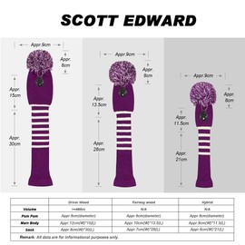 Scott Edward Knitted Golf Club Head Covers for Woods 3Pcs Set Golf Driver (460CC) Fairways and Hybrid/UT with Rotating Number Tags(Purple Stripes)