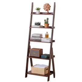 Maydear Bamboo Ladder Shelf Bookcase, 5-Tier Leaning Bookshelf Free Standing Organizer Storage Shelves for Living Room, Bedroom, Kitchen, Home Office, Balcony, Walnut