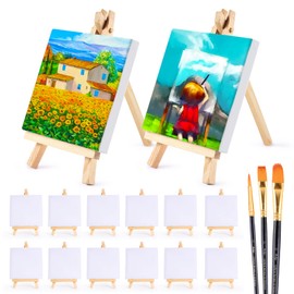 JOTOL Mini Canvas with Easel, Pack of 12 Canvas for Painting, Mini Wooden Decoration Easel, Small Wooden Triangle Easel for Display, Photos, Business Cards, Photo Albums with 3 Brushes
