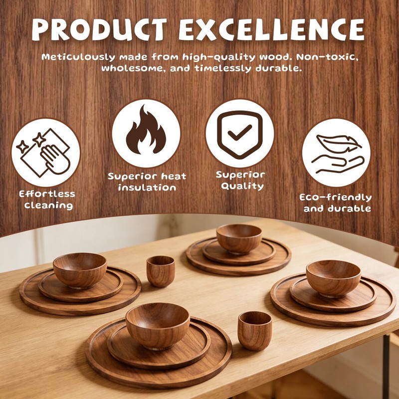 Wood Dinnerware Set,8 Inch 10 Inch Round Plates,Bowls and Cups,16