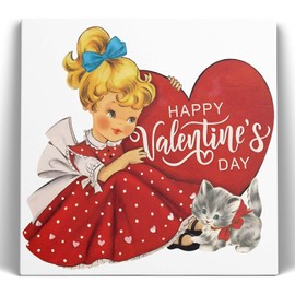 Valentine's Day Canvas Wall Art Decor - Vintage Girl with Red Dress and Heart Art Decor, Cute Cat Valentine Theme Artwork for Romantic Canvas Wall Decoration 10X10 inch