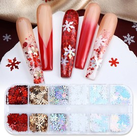 Christmas Snowflake Glitter Nail Sequins, 12 Grids 3D Colorful Holographic Snowflake Nail Glitter Confetti Sticker Decals Christmas White Red Gold Winter Snowflake Nail Art