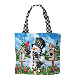 Checkered Snowman Winter Canvas Tote Bag Cardinal Pair Berries 14.5" x 15" Briarwood Lane