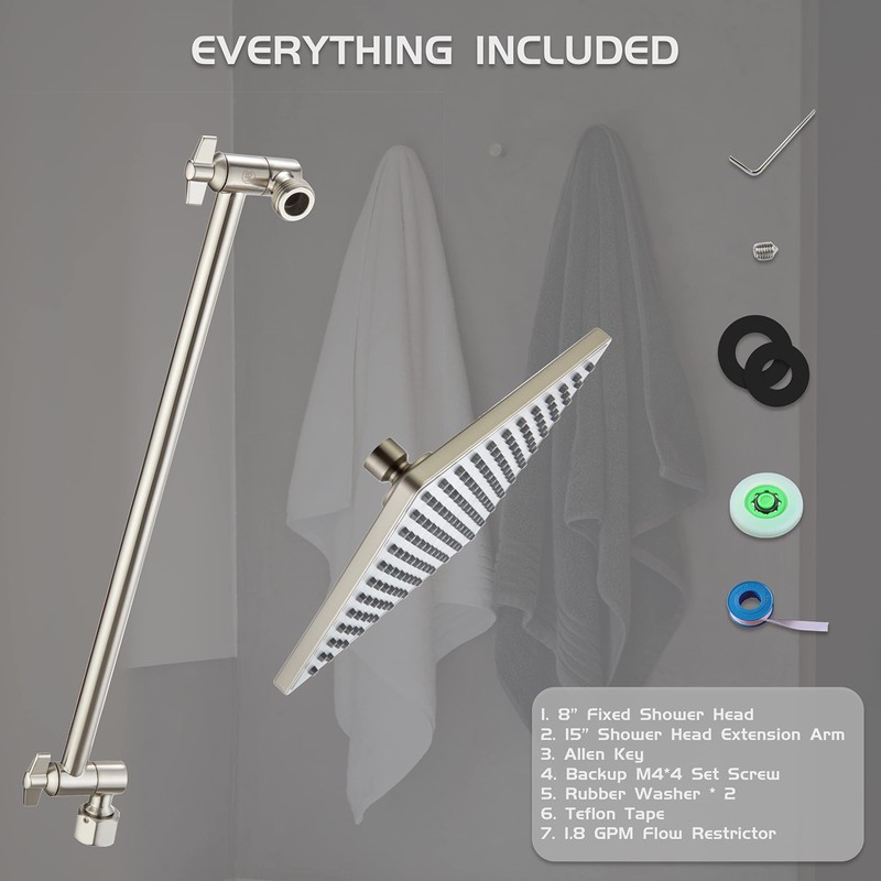 8'' Rain Shower Head with Matching 15'' Extension Arm (Brushed