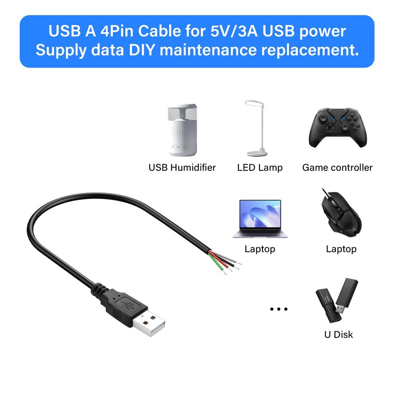 PNGKNYOCN 30cm USB DIY Pigtail Cable, 22AWG 5V/3A USB A