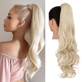 Qunlinta Ponytail Extension, Curly Pony Tails Hair Extensions Clip Ins Wrap Around Band Hair Pieces for Women Synthetic Soft Fake Ponytails Bleach Blonde