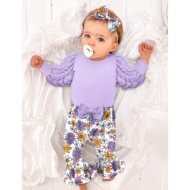 NAPU Baby Girl Clothes 6-9 Months 3Pcs Baby Girl Outfit Infant Girl Clothes Lantern Long Sleeve Romper Purple Floral Bell Bottoms Set with Headband Baby Girl Fall Outfits Winter Clothes