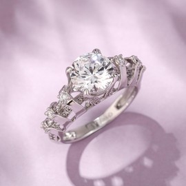 Jeulia Women Sterling Silver Ring Unique Round Cut Anniversary Promise Band Rings with Side Stones for Engagement Anniversary Christmas (Silver, L-½)