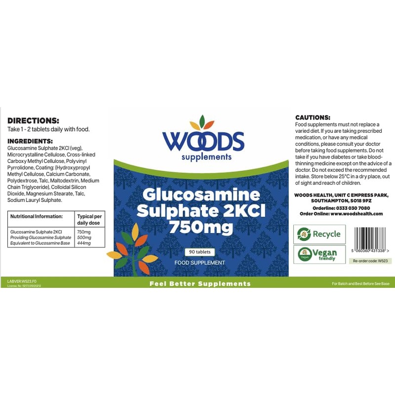 Woods Supplements - Vegan Glucosamine Sulphate 2KCl 1500mg x90 Tablets.