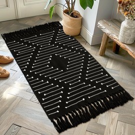 Tritard Boho Kitchen Runner Rug 2x4.3 Thin Woven Cotton Hallway Rugs with Tassels Washable Moroccan Carpet Farmhouse Bathroom Area Rug Front Porch Bath Mat for Entryway, Laundry, Doorway, Black White