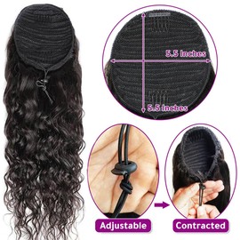 Water Wave Human Hair Ponytail Extension Water Wave Drawstring Ponytail Human Hair Extension Human Hair Drawstring Ponytail for Black Women Natural Black 20 Inch