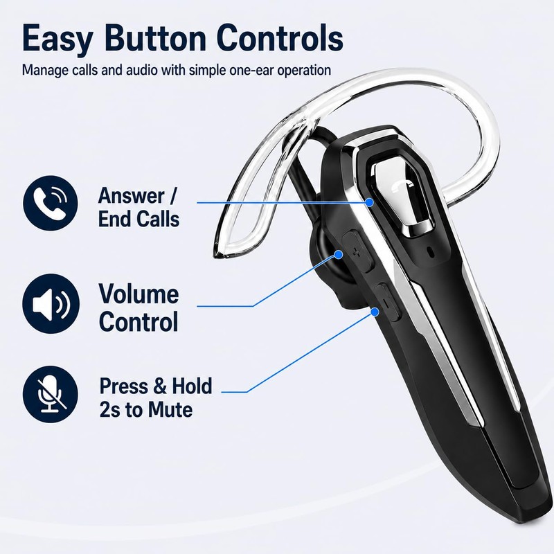 Sellwell Sliver Bluetooth Earpiece with Mic, Mono Wireless Headset, 30H