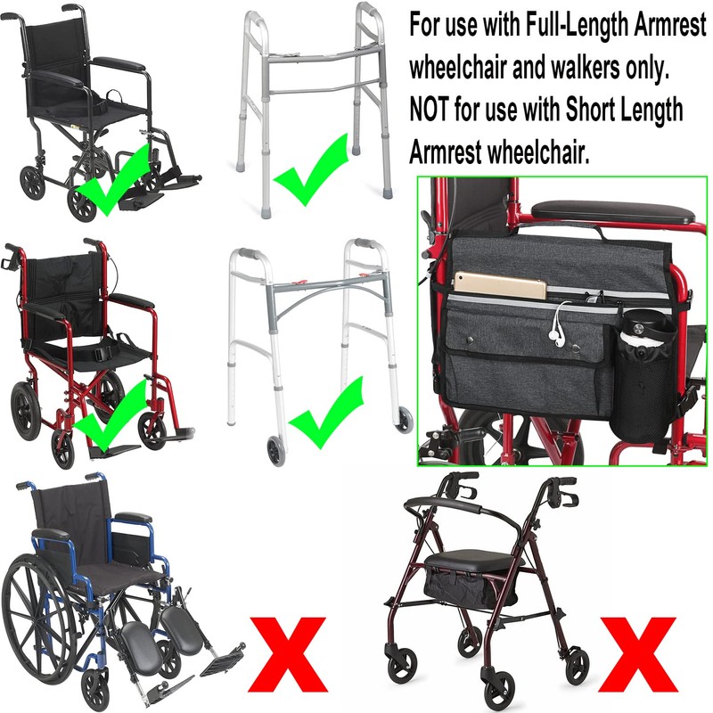 Wheelchair Organizer Storage Bag, Double-Sided Armrest Pouch with Cup Hold