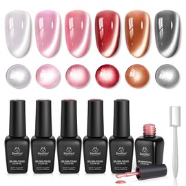 Beetles Cat Eye Gel Nail Polish Set - 6 Colors Silver Pink Red Brown Black Glitter Cat Eye Fall Gel Polish Kit Translucent Effect Soak Off UV Porcelain Glow Collection Salon Gift for Women