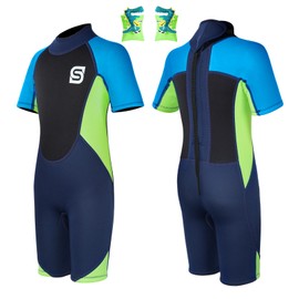 Summshall Kids Wetsuit with Arm Bands 2.5mm Shorty One Piece Child Wetsuits UV Protection Back Zip Thermal Swimsuits for Boys Girls Keep Warm Stretch Diving Suit for Water Sport