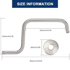 NearMoon S Shape Shower Extension Arm with Flange, Stainless Steel High Rise Shower Head Extender Pipe, Horizontal Extension Standard 1/2" Connection- Bathroom Accessory, 16 Inch (Brushed Nickel)