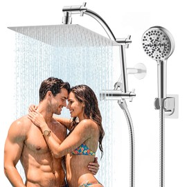 Hibbent All Metal cUPC Certified Shower Head, 10'' High Pressure Rainfall Shower Head, Handheld Showerhead Combo with 16'' Adjustable Extension Arm, 10 Sprays, 71'' Hose, Showerhead Holder, Chrome