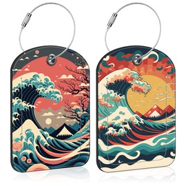 Japanese Style Ocean Wave Sun Leather Luggage Tag for Suitcase 2 Pack Luggage Tag with Privacy Name ID Label and Stainless Steel Loop for Travel Bag Suitcase
