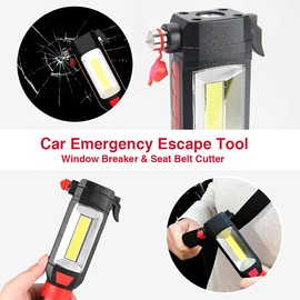 Maksone 2 Pack 9-in-1 Emergency Auto Tool with Flashlight, Window Breaker & Seat Belt Cutter, Magnetic LED Work Light with Hook for Car Repair, Camping, and Emergency Use (Battery Included)