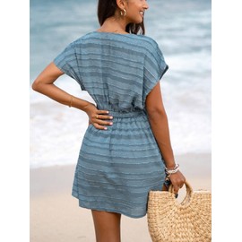 CUPSHE Women Swim Cover Up Dress V Neck Textured Striped Short Sleeve Cover Ups Summer Casual Beach Dress Baby Blue XL