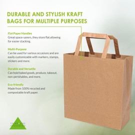 Prime Line Packaging 9x4x10 100 Pack Brown Paper Bags with Handles, Small Paper Lunch Bags, Takeout for Food, Grocery, Shopping, Small Business, Bulk