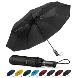TechRise Umbrella Windproof Travel Umbrella: 10 Ribs Automatic Compact Strong Wind Proof Umbrella, One Button Auto Open Close Wind Resistant Folding Lightweight Portable Black Umbrella for Men Women