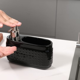 Black Dish Soap Dispenser with Sponge Holder, Large Capacity Ceramic Liquid Soap Dispenser for Kitchen Countertop-600ml