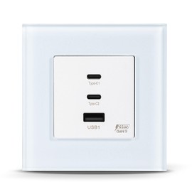 Socket, Super Fast Charging Sockets - Type C & USB, Flush-Mounted Socket, Max Charging Speed - 65 W for Type C, 20 W for USB, Wall Socket with Flat Design with Tempered Glass, 86 mm, 100-240 V