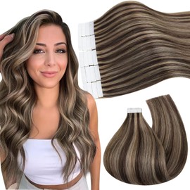 Ugeat 55 cm Tape-In Extensions Real Hair Caramel Real Hair Extensions in Tapes Dark Brown Highlight Golden Blonde, 50 g, 20 Pieces Hair Extensions Tape Real Hair