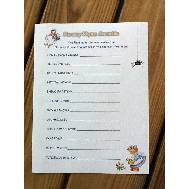 Unbranded 20 Sheets Nursery Rhyme Baby Shower Scramble Game +