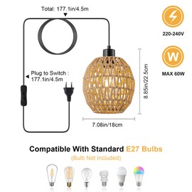 WILON Hanging Lamp with Plug, Dining Table Lamp, Hanging E27, Vintage Lamp with 4.5 m Cable, Rattan Lampshade, Outdoor, Window Lamp for Hanging, Hanging Light for Living Room, Bedroom