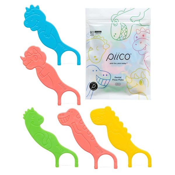 Piico Unflavored Kids Floss - No Fluoride Dual Line Dental Floss Picks - Fun Oral Care in Colorful Floss Sticks Design - Kids Flossers Avoid Tooth Decay & Gum Disease - 80 Count Dino