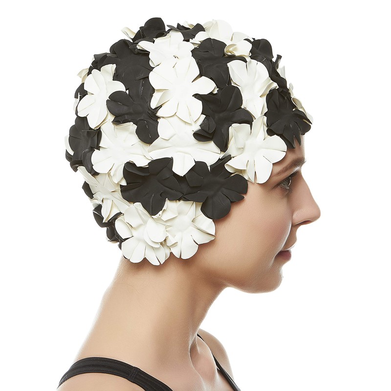 BEEMO Floral Petal Ladies Bathing Swim Cap - Black/White