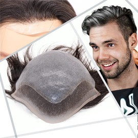 Civmo Men toupee Swiss Lace Front Natural Hairline with PU Skin V-looped European Human Hair Replacement System for Man Wigs 8x10 Inches Medium Density Hairpiece(1B Mixed 10% Grey White Hair)