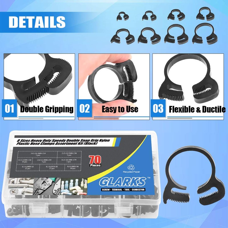 Glarks 70Pcs 8 Size Heavy Duty Black Double Gripping Nylon