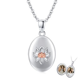 Locket Chain 925 Sterling Silver Oval Lotus Flower Necklace Vintage Amulet Locket for Opening 2 Pictures Oval Lotus Flower Jewellery Pendant Gifts for Girlfriend Wife Mother, Sterling Silver, No