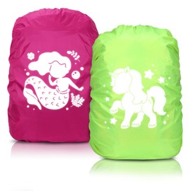 Cadimus Rain Cover Backpack Green Unicorn and Pink Mermaid School Bag Rain Cover Backpack Cover Reflective for Boys and Girls Beginners to School