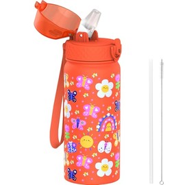 GOPPUS 550ml/18oz Kids Insulated Water Bottle with Straw Cute Double Wall Stainless Steel Child's Small Flask Vacuum Insulated Steel Metal Leak Proof Drink Flask Boys Toddler Girls Flask BPA-Free