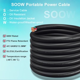 Portable Power Cable SOOW 600V, 6/4 Electric Cable, 6 AWG Electric Wire for Motor Leads, Portable Lights, Battery Chargers and Machinery, 25FT Electrical Cord, 4 Conductor