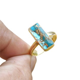14K Yellow Gold Plated 925 Sterling Silver Ring For Womens Natural Blue Copper Turquoise Ring Sterling Silver Dainty Ring Bezel Set Gemstone Bar Ring