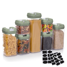 Alphx Innovations Set of 7 Airtight Food Storage Containers - Pantry Organizer Bins, BPA Free Plastic Containers plus Dry Erase Marker and Labels, Olive Green