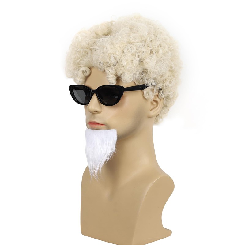 ATAYOU Mens Blonde Curly Wig with Goatee Beard and Glasses